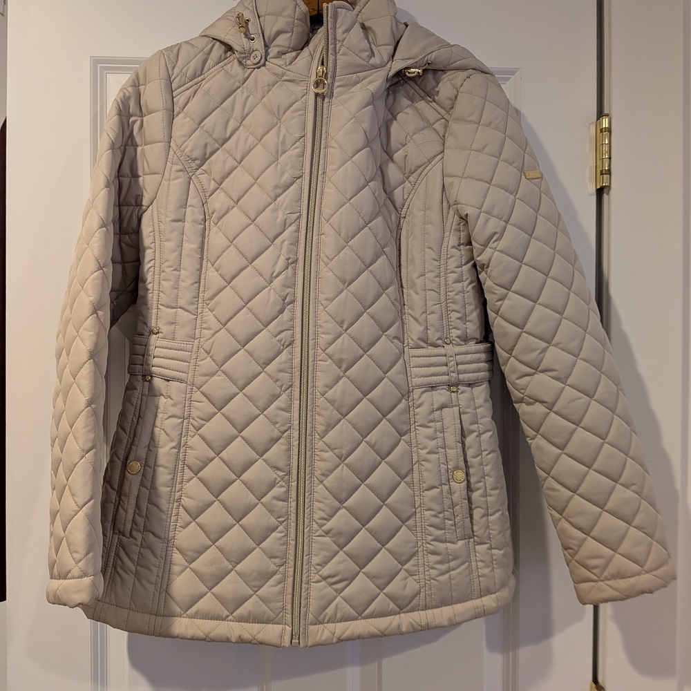 Laundry Shelli Segal Lovely Quilted Coat Jacket Hooded Zip Up Size M Beige